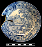 Pearlware printed underglaze saucer with pastoral motif. Rim diameter: 5.50”. Lot: 1G.255.24. 18BC38